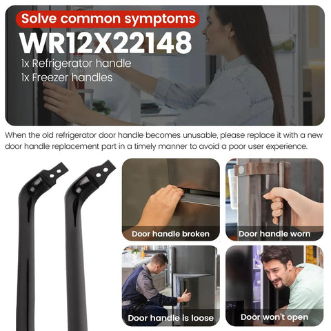 Black Refrigerator Door Handles 2 Pack Set For GE Refrigerators Replacement Kit WR12X22183 showcase with repair scenarios.