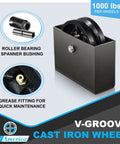 Rock Solid And Built Like A Tank 6X2 Inch Cast Iron V Groove Wheel With Steel Housing, Heavy Duty 1000 Lb Load Bearing Roller For Sliding Gate Tracks, Railroad Rails, Industrial Carts And Machinery, Matte Black, 1 Pack, showing details of roller bearing and grease fitting.