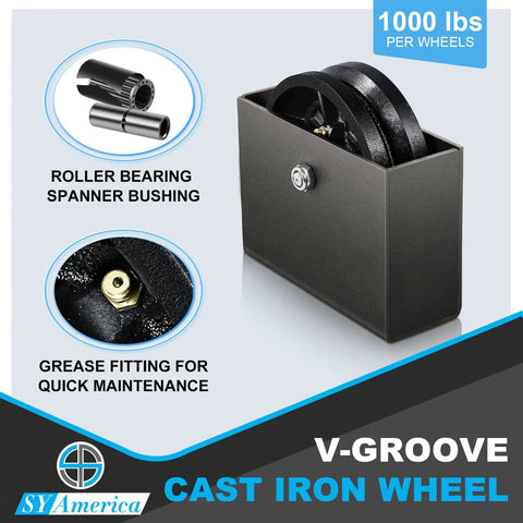Rock Solid And Built Like A Tank 6X2 Inch Cast Iron V Groove Wheel With Steel Housing, Heavy Duty 1000 Lb Load Bearing Roller For Sliding Gate Tracks, Railroad Rails, Industrial Carts And Machinery, Matte Black, 1 Pack, showing details of roller bearing and grease fitting.