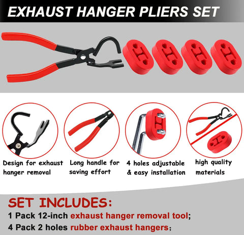Heavy Duty Carotupy Exhaust Hanger Removal Pliers Plus Two Red Rubber Mounts Cut Rusty Clips Fast With Comfortable Grip For Any Auto Repair Shop Or DIY Mechanic, 12-inch steel pliers and 4 rubber hangers