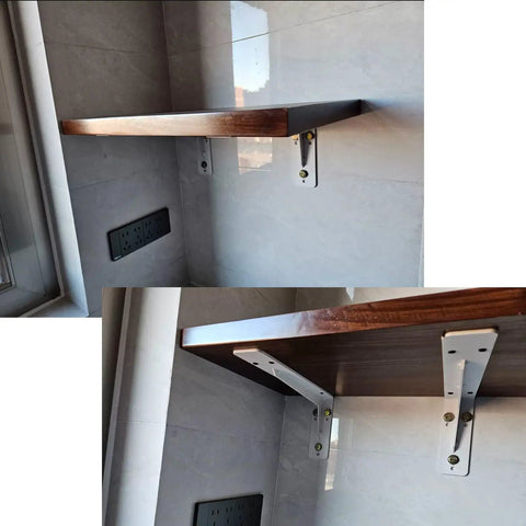 Heavy Duty Floating Shelf Brackets Pack Of Two Cold Rolled Steel L Shape Wall Mounts showing installed brackets supporting a wooden shelf.