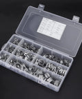 Genuine 304 Stainless Steel Spring Hose Clamps For Fuel Lines And Air Vacuum Pipes. Super Tough Anti Rust Silver Clips Fit 6.5 To 18mm Engine Bays And Petrol Hoses For Quick Repair Jobs And Heavy Duty Auto Work Today. Assorted clamps in storage box, 6.5-18mm