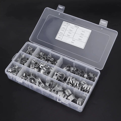 Genuine 304 Stainless Steel Spring Hose Clamps For Fuel Lines And Air Vacuum Pipes. Super Tough Anti Rust Silver Clips Fit 6.5 To 18mm Engine Bays And Petrol Hoses For Quick Repair Jobs And Heavy Duty Auto Work Today. Assorted clamps in storage box, 6.5-18mm