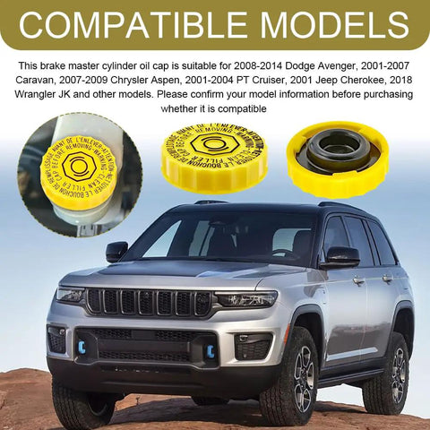 Brake Fluid Cap Replacement For Dodge Jeep Chrysler Ram Dakota Plug And Play Master Cylinder Filler Cap OEM 4683656AB 5014518AA Car Maintenance Part For Fluid Tank Reservoir Cover, shown with compatible vehicle