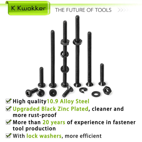 M2 Screw Kit 4mm To 40mm With Button Head And Flat Head Zinc Plated Screws, Includes 510 Nuts, 520 Washers, 520 Lock Washers