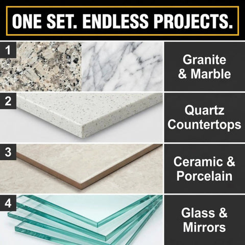 Diamond Hole Saw Set For Tile Glass Porcelain Granite 5 Piece Kit material types: granite, quartz, ceramic, glass, mirrors