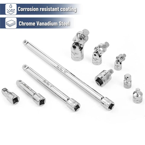 Socket Accessory Kit Ten Piece Chrome Vanadium Extension And Universal Joint Set with silver finish, displayed on white background.