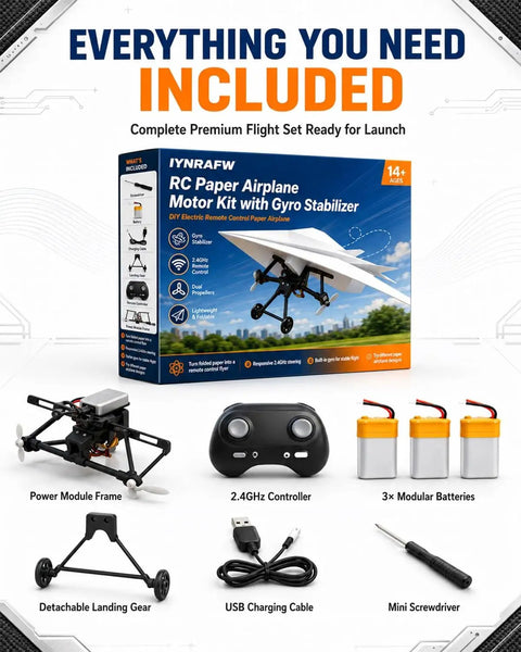 RC Paper Airplane Motor Kit With Gyro Stabilizer And Dual Propellers For Grownups Lightweight Foldable Electric Remote Control Paper Model Plane A Cool Tech Gift For Men And Teens package with components