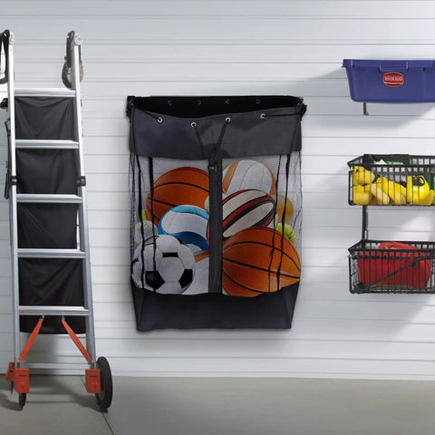 Take Anywhere Slatwall Basket Organizer With Grab And Go Design And Detachable Hooks Large Mesh Storage Bin With sports balls