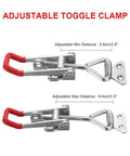 Beefy Heavy Duty Adjustable Toggle Latch Clamp 1320 Lbs Holding Capacity, showing min and max adjustable distances.