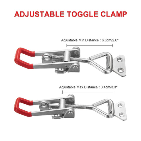 Beefy Heavy Duty Adjustable Toggle Latch Clamp 1320 Lbs Holding Capacity, showing min and max adjustable distances.