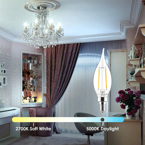18 Pack Dimmable Candelabra LED Bulbs 40W Equivalent E12 Base CA10 Flame Tip Daylight 5000K 300 Lumens in a chandelier