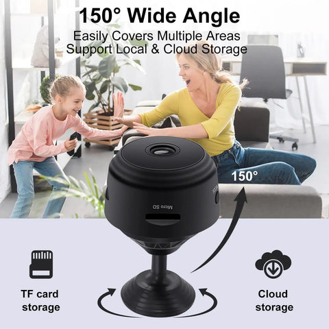 1080P HD WiFi Mini Nanny Cam With Night Vision And Motion Detection For Indoor Outdoor Security Wireless Spy Cam, shown with wide angle view illustration