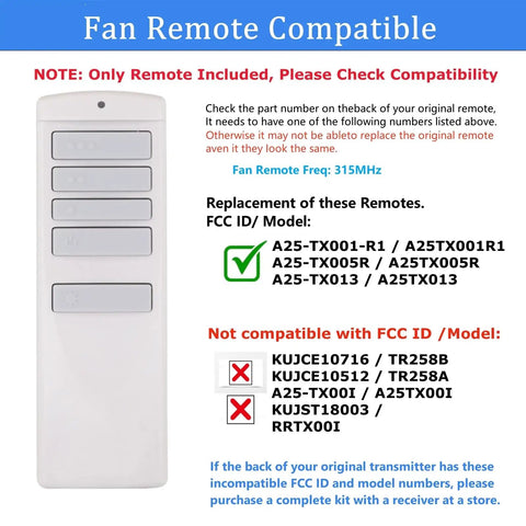 Replacement Ceiling Fan Remote Control For 315MHz Harbor Breeze Fans With Light Dimmer And Three Speed Settings Wall Mount Remote Only Compatibility With A25 TX001 R1 A25 TX005R A25 TX013 ZJF RT01A shown with compatibility information on blue and white background