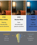 Sylvania ECO LED A19 bulb collage showing 2700K warm white, 3500K neutral white, 5000K daylight; frosted, non-dimmable, 8-pack
