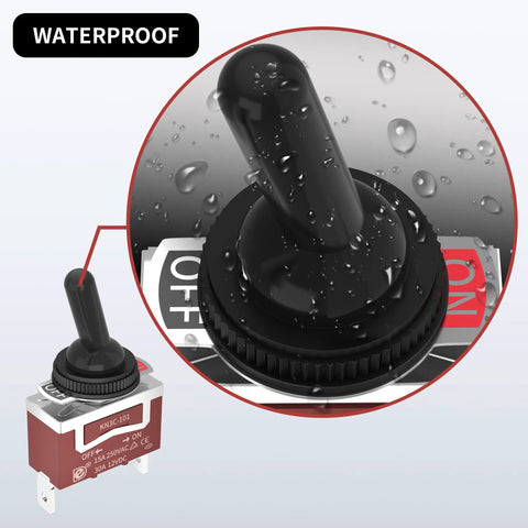 Close-up of Waterproof 12V SPST Toggle Switch For Marine Boats And Auto Beefy Built To Last 2 Pin ON Off With Boot Cover