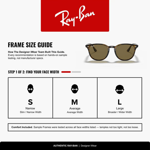 Frame size guide with Ray-Ban round sunglasses featuring Light Havana frames and Brown B15 lenses for various face widths.