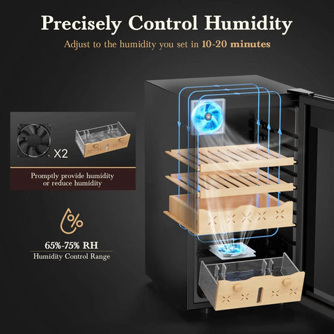 65L Electric Cigar Humidor with Big 500 Count Capacity, smart temperature and humidity control, showing Spanish cedar drawers and LED