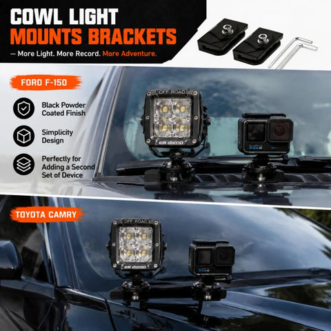 No Drill Clamp On Hood Mount LED Light Bar Brackets For A Pillar Ditch Lights Extensions with cameras on Ford F-150 and Toyota Camry