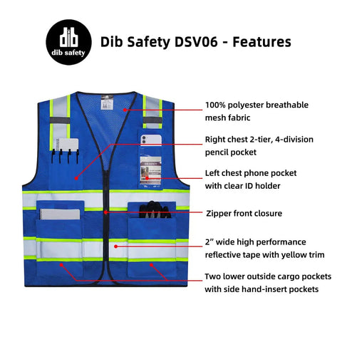 High Visibility Reflective Safety Vest With Reinforced Pockets And Heavy Duty Construction For Men And Women, blue mesh, zipper front, multiple pockets.