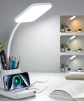 Desk Lamp With Wireless Charger For Home Office, LED Eye Caring Light With 10W Qi Pad, CRI 90, 3 Color Modes And Stepless Dimming, Touch Table Lamp With Pen Holder For Study Or Dorm, White, shown on a desk with different light modes.