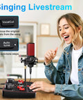 Woman using All In One USB Audio Mixer For PC And Phone Live Streaming And Gaming With 3.5mm Mic And Instrument Inputs Bluetooth Denoise