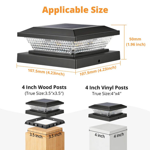 Slick 16 Pack Black Solar Post Cap Lights For 4X4 Wooden Or Vinyl Fences Waterproof displayed with size dimensions.