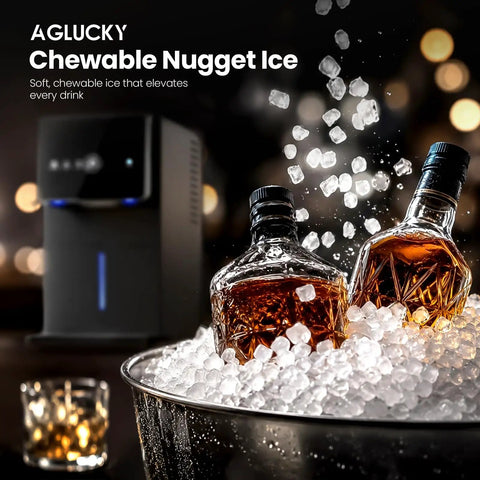 Smooth Crew Countertop Nugget Ice Maker With Tap On Dispenser Cranks Out Soft Chewable Ice Fast Keeps Drinks Frosty All Day Long Spits Out Thirty Five Pounds Daily Perfect For Backyard Hangouts Block Parties Or Lazy Weekend Brews with bottles of whiskey and nugget ice.