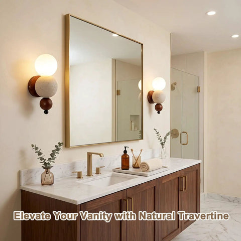 Modern Travertine Wall Sconce with Glass Globe, Wood Accent Wall Light Fixture, Hardwired G9 Base Wall Lamp for Bedroom, Living Room and Hallway above vanity.