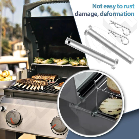 Top Shelf Grill Lid Hinge Replacement Kit Four Pack For Weber 88206 showing rust-resistant silver metal posts and grill setup.
