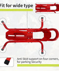 Top view of Heavy Duty Motorcycle Wheel Chock With 1800 Lb Capacity Adjustable 16 To 21 Inch Tire Fit For Cruisers Dirt Bikes And ATVs Rust Resistant Steel For Trailer Or Garage Mount Red with anti-skid supports.