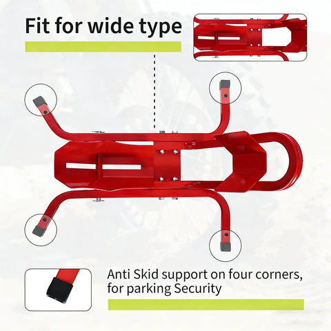 Top view of Heavy Duty Motorcycle Wheel Chock With 1800 Lb Capacity Adjustable 16 To 21 Inch Tire Fit For Cruisers Dirt Bikes And ATVs Rust Resistant Steel For Trailer Or Garage Mount Red with anti-skid supports.