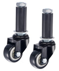 Heavy Duty Swivel Expanding Stem Casters With 1.5 Inch PVC Wheels For Kitchen Prep Tables, black design with metal fittings.