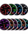 Front view: Bezel oil pressure gauge kit 0–100 psi, 52mm, silver ring, clear lens; 12 gauges with multi-color faces
