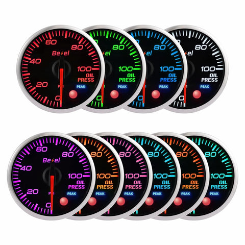 Front view: Bezel oil pressure gauge kit 0–100 psi, 52mm, silver ring, clear lens; 12 gauges with multi-color faces