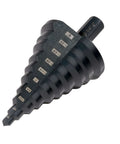 HSS step drill bit, 1/4–2 in range, double-flute, dark steel, side view