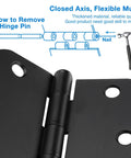18 Pack Matte Black 4 Inch Door Hinges With Five Eighths Radius And Eight Holes shown with hammer and hinge pin removal guide