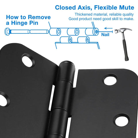 Close-up of Top Notch 12 Pack Matte Black Door Hinges showing hinge pin removal with hammer tool and design details.