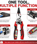 Hella Durable 4 In 1 Electrician Pliers With Built In Smart Voltage Tester Heavy Duty Wire Stripping And Crimping Tool For Circuit Repair Led Display Cable Cutter displaying functions: strip wires, cut cables, crimp terminals, and test voltage.
