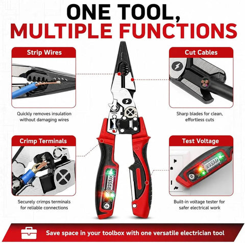 Hella Durable 4 In 1 Electrician Pliers With Built In Smart Voltage Tester Heavy Duty Wire Stripping And Crimping Tool For Circuit Repair Led Display Cable Cutter displaying functions: strip wires, cut cables, crimp terminals, and test voltage.