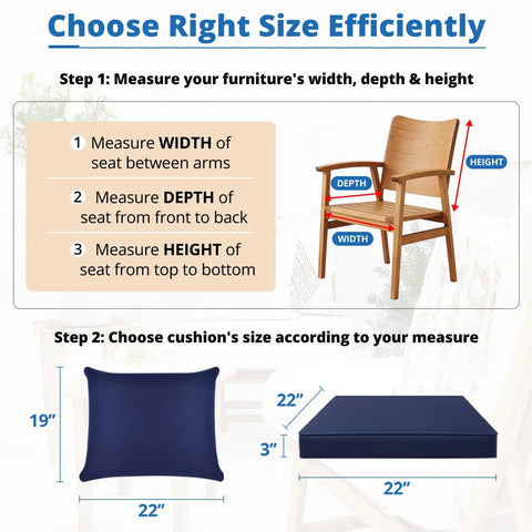 Measurement guide for Outdoor Chair Cushions Set For Patio Furniture 22 By 22 Inch Deep Seat Cushion And 22 By 19 Inch Back Pillow