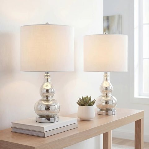 Mercury Silver Glass Table Lamp With Slick Modern Gourd Look White Linen Shade Bedside Nightstand Light For Bedroom And Living Room LED Bulb Included ETL Listed on wooden table
