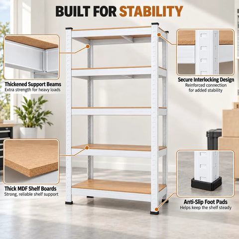 Top Shelf Heavy Duty Storage Shelves showcasing thick MDF boards and a rock solid steel frame designed for workshop stability.