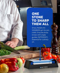 Complete Whetstone Knife Sharpening System With 1000 6000 Grit Wet Stone Sharpener Kit Built In Angle Guides 15 17 20 22 Degrees No Guesswork Beginner Friendly Pro Grade Edge For Sharp Knives displayed on a kitchen counter with vegetables and a chef's hand slicing.