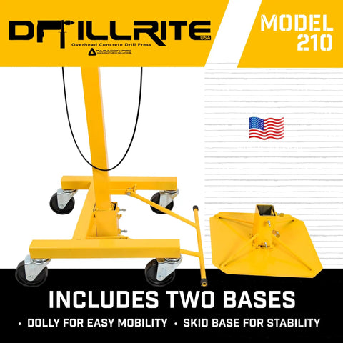 Hella Smooth Overhead Drill Press For Concrete With Seven Foot Reach Integrated Dust Extraction Scissor Lift Compatible Built To Reduce Fatigue No Hassle Install Made In Usa Masonry Drilling Rig with dolly and skid base.