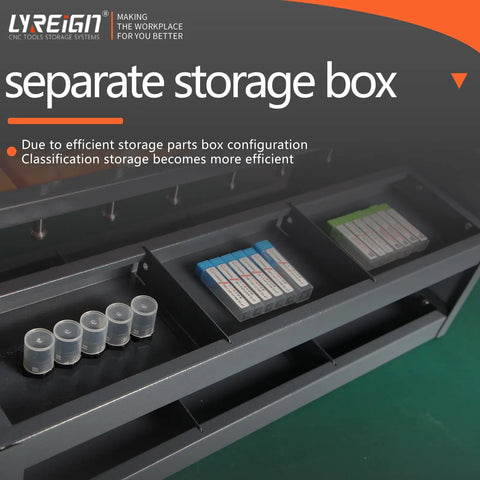 CNC Tool Rack Desktop Storage for Workshop and Garage showcasing separate storage box with multiple compartments for tools and parts.