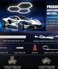 Hexagon LED Garage Lights 16 Pack 128W Ultra Bright 12800LM 6500K Ceiling Shop Light accessories with sport car display.