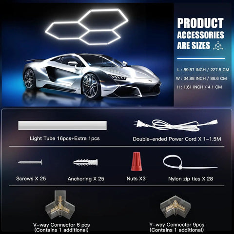 Hexagon LED Garage Lights 16 Pack 128W Ultra Bright 12800LM 6500K Ceiling Shop Light accessories with sport car display.