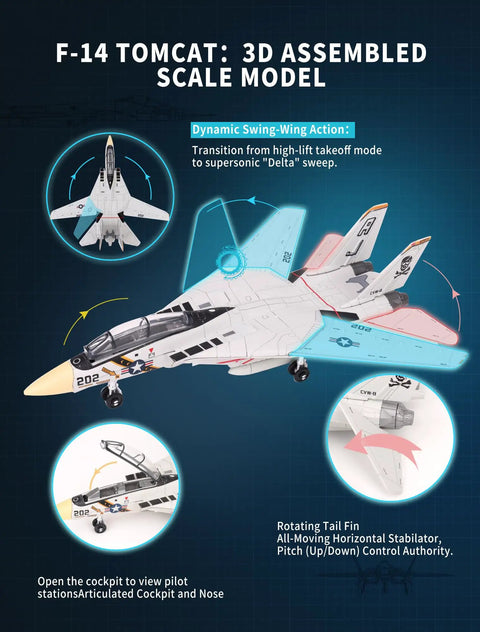 F-14 Tomcat 1/72 Scale Fighter Jet Model Kit With Snap Fit Assembly Movable Wings Open Engine Cowl And Stand