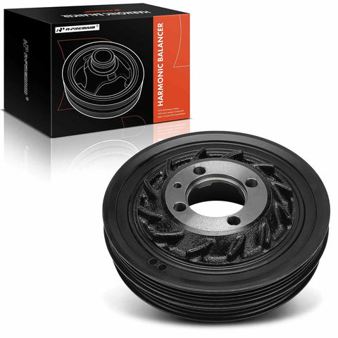 Black engine harmonic balancer pulley with packaging, compatible with Mitsubishi Eclipse Galant Expo LRV Eagle Summit Talon Plymouth Colt Laser 1992-1999 2.0L 2.4L